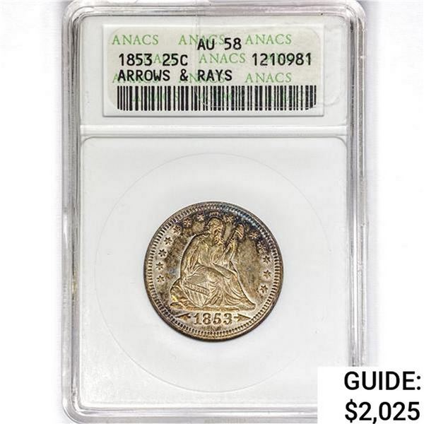 1853 Seated Liberty Quarter ANACS AU58 ARWS&Rays