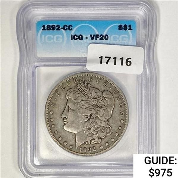 1892-CC Morgan Silver Dollar ICG VF20