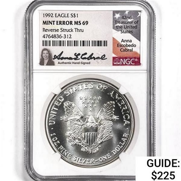 1992 Silver Eagle NGC MS69 Rev Struck Thru