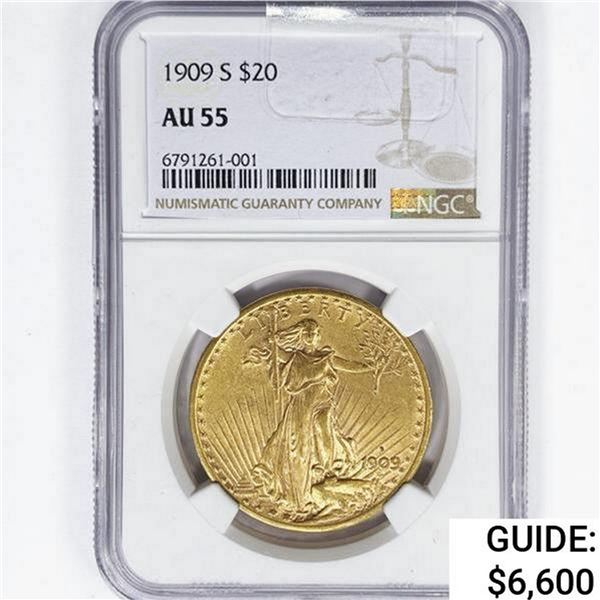 1909-S $20 Gold Double Eagle NGC AU55