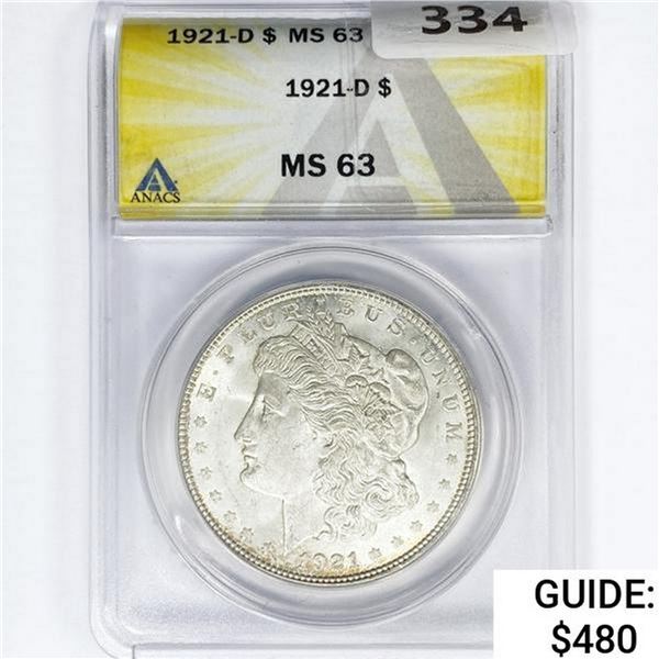 1921-D Morgan Silver Dollar ANACS MS63