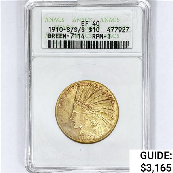 1910-S/S/S $10 Gold Eagle ANACS EF40 B-7114 RPM-1