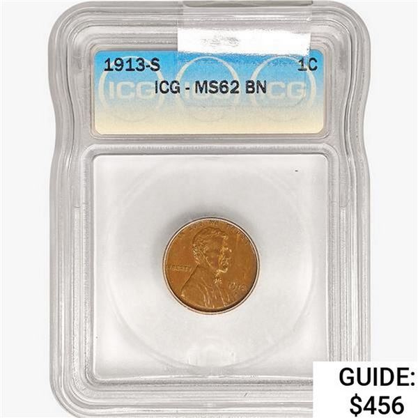 1913-S Wheat Cent ICG MS62 BN