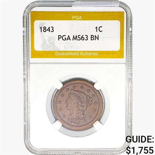 1843 Braided Hair Large Cent PGA MS63 BN