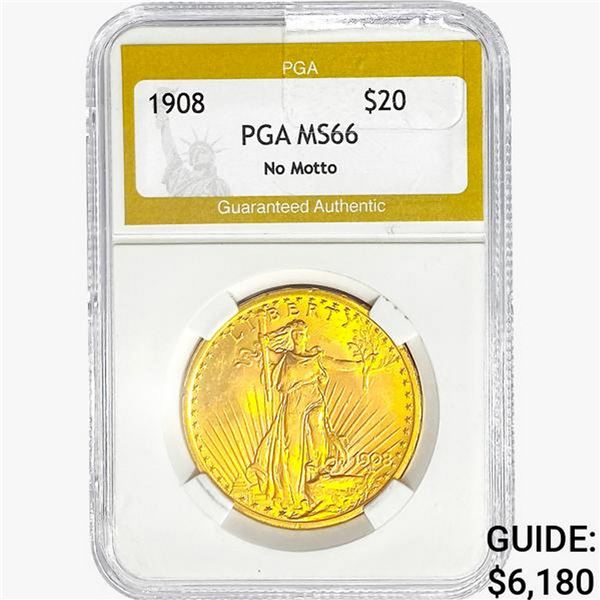1908 $20 Gold Double Eagle PGA MS66 No Motto