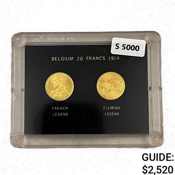 1914 Belgium Gold 20 Francs Set (2 Coins, .3774oz