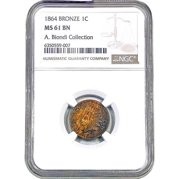 1864 Bronze Indian Head Cent NGC MS61 BN A. Biondi