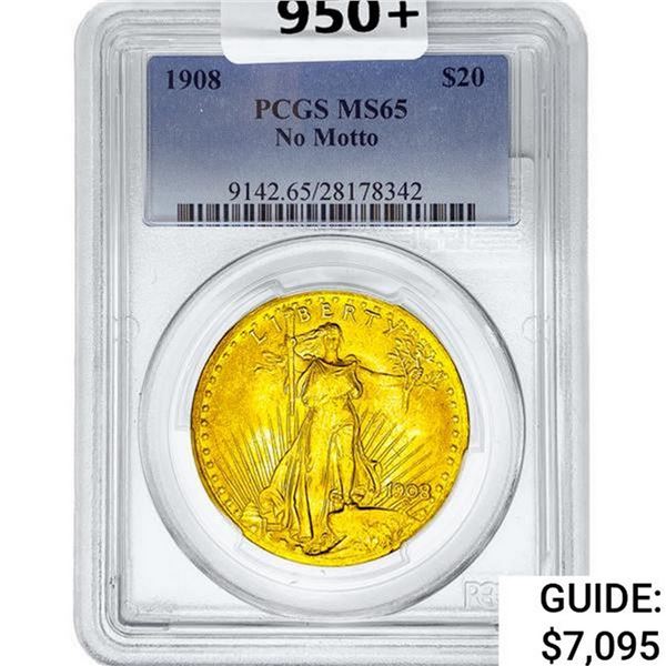 1908 $20 Gold Double Eagle PCGS MS65 No Motto