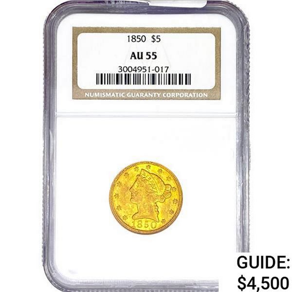 1850 $5 Gold Half Eagle NGC AU55