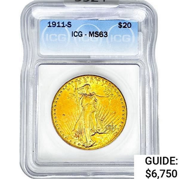1911-S $20 Gold Double Eagle ICG MS63