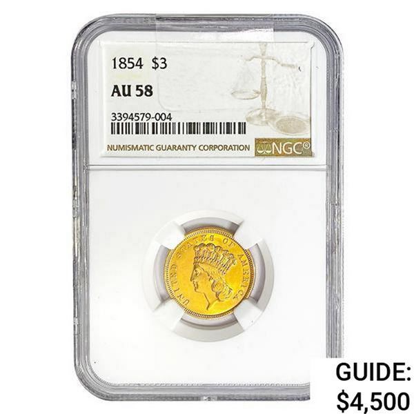 1854 $3 Gold Piece NGC AU58