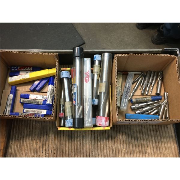 3 BOXES OF TOOLING-COUNTER BORES, TAPER END MILLS & SPOT DRILLS APPROX. 60 PCS.