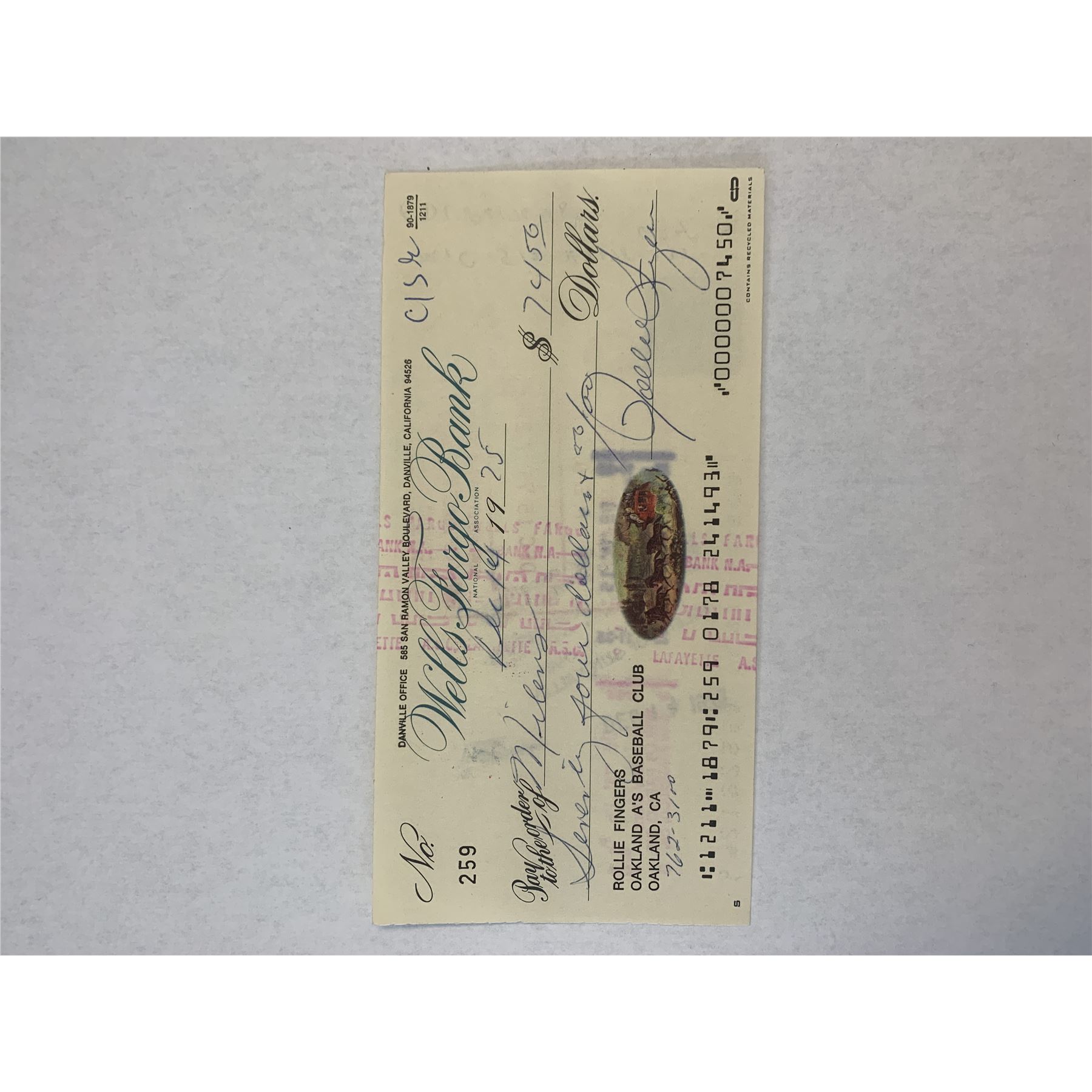 MLB superstar Rollie Fingers signed check