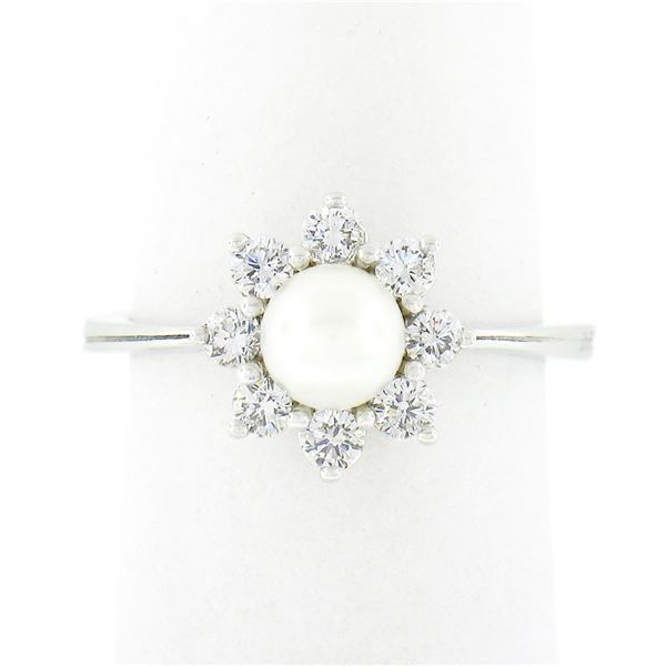 NEW Classic 18k White Gold 5.25mm Pearl 0.40 ctw Round Diamond Flower Cluster Ri