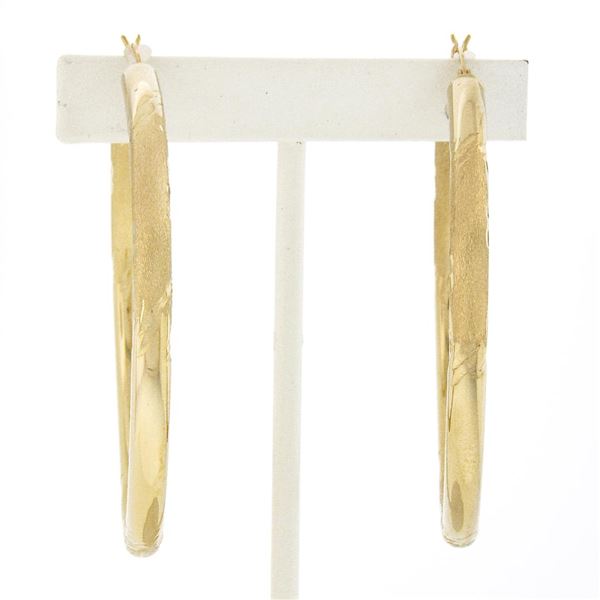 Large 14K Gold 2.15" Polished w/ Hand Engraved Matte Diamond Cut Hoop Earrings