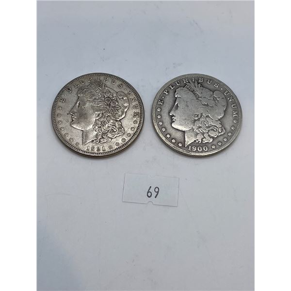 1900 & 1921 American Morgan Dollar 53.46g 90% Silver