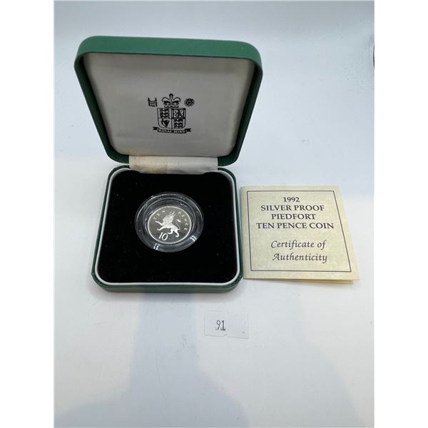 1992 Proof Piedort Ten Pence Coin 13g 925 Silver