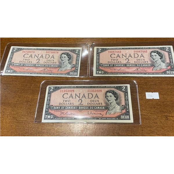 3x 1954 Canadian Modified Portrait $2 Bills