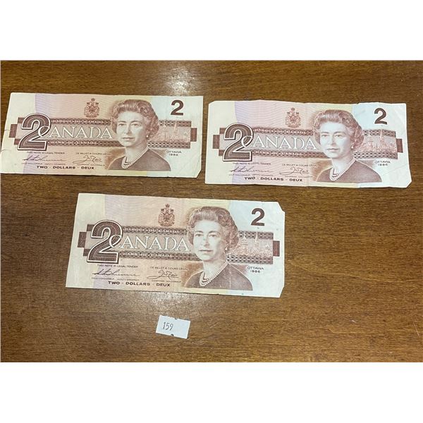 3x Canadian 1986 $2 Bills