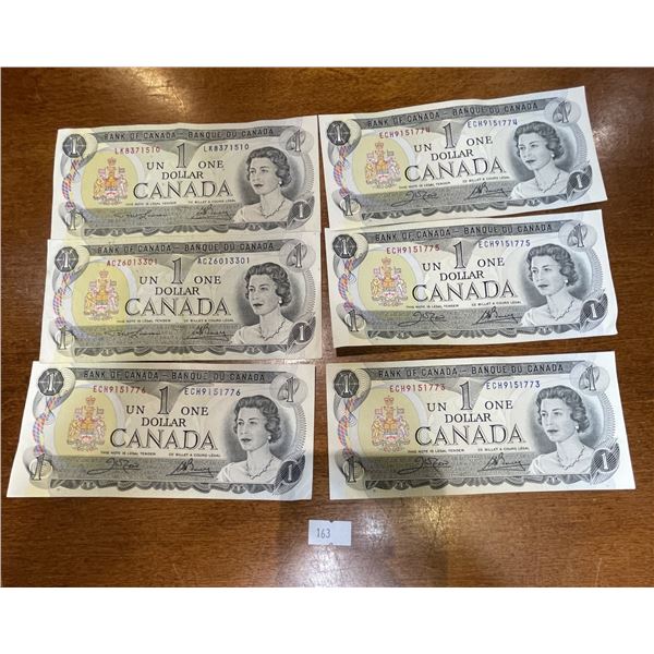 6x Canadian 1973 $1 Bills