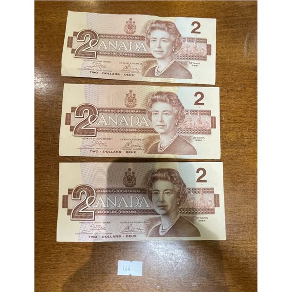 3x Canadian 1986 $2 Bills