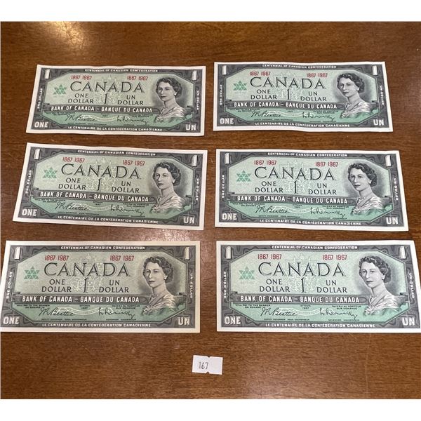 6x Canadian 1867-1967 $1 Bills