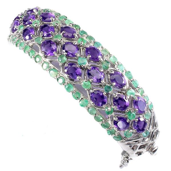 14K White Gold Plated w/ Unheated Amethyst & Emeral Silver Bangle - retail appraisal value $1,887.00