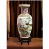 Image 1 : Vintage 18in Chinese porcelain/ceramic peacock bird hand painted vase w/ wooden base