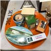 Image 2 : Table top full of assorted estate items - decor/ bags/ jars/ vintage cans etc.