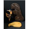 Image 1 : Group of 3 First Nations wood carved decorative wall hangings signed by artists - include Eagle/ Hum