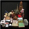 Image 1 : Large group of misc items including - holiday decorations, decor items, Danish teak tray, coasters,