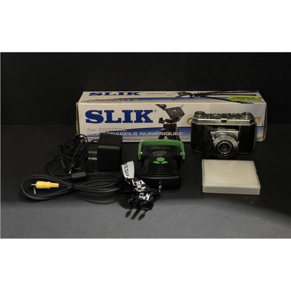 Group misc items including - Slik tripod, vintage Kodak camera, Balanzza luggage scale, etc...