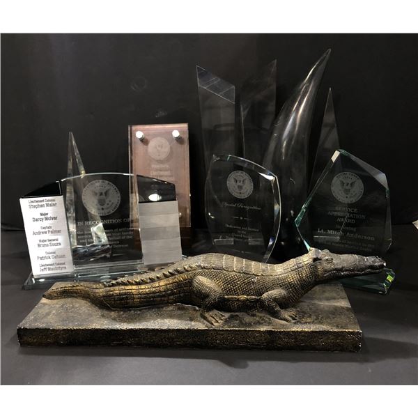 Group of misc items including - assorted trophy awards, crocodile decor piece, large animal tooth, e