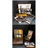 Image 1 : Group of misc items including - brass balance scales, trophies, magnifying glass, folders, vintage p