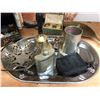 Image 2 : Group of items from estate - includes beer stein/vintage metal flask/decorative tray/Rose Salt lamp/