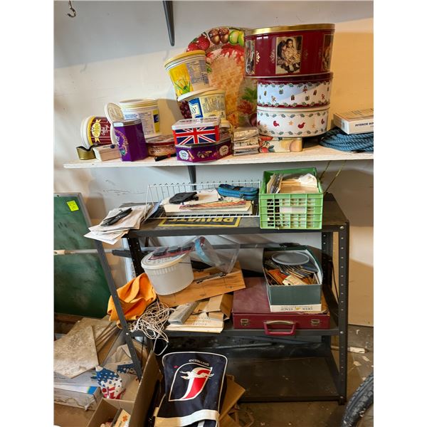 Metal shelf and contents and tins etc