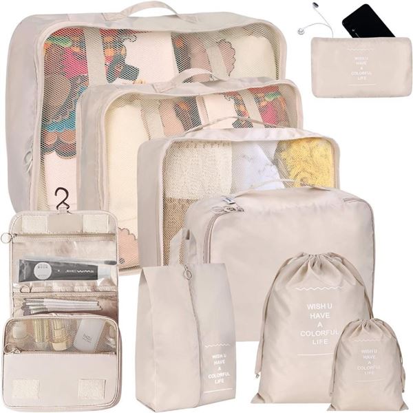 kingdalux Packing Cubes for Suitcases 9 Set, Compression Storage Travel Luggage Organizers, with Toi