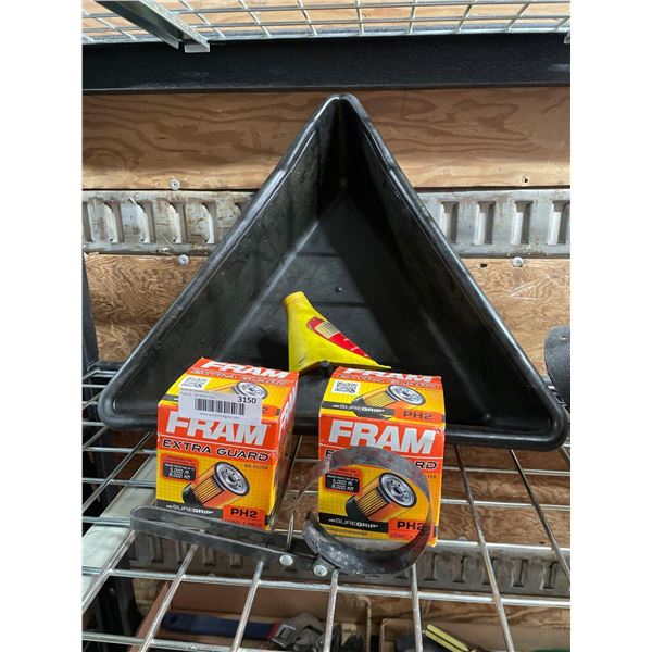 Lot of Assorted Oil Change Kit - Oil Filter Wrench, Oil Drain Pan, Oil Funnel, 2 x Fram PH2 Filter