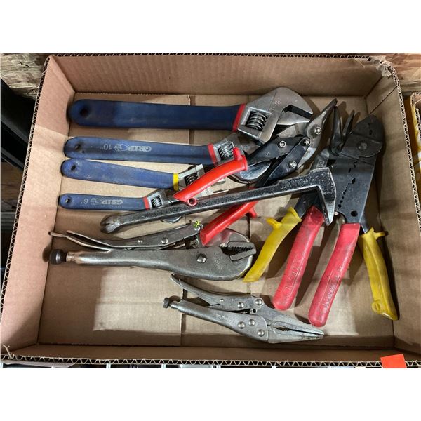 Box of assorted tools, crescent wrenches, vice grips, tin snips and wire strippers