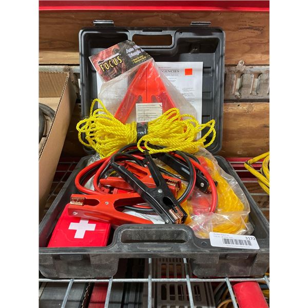 Emergency road kit comes with 6' jumper cable emergency triangles,tow rope,pliers and first aid kit