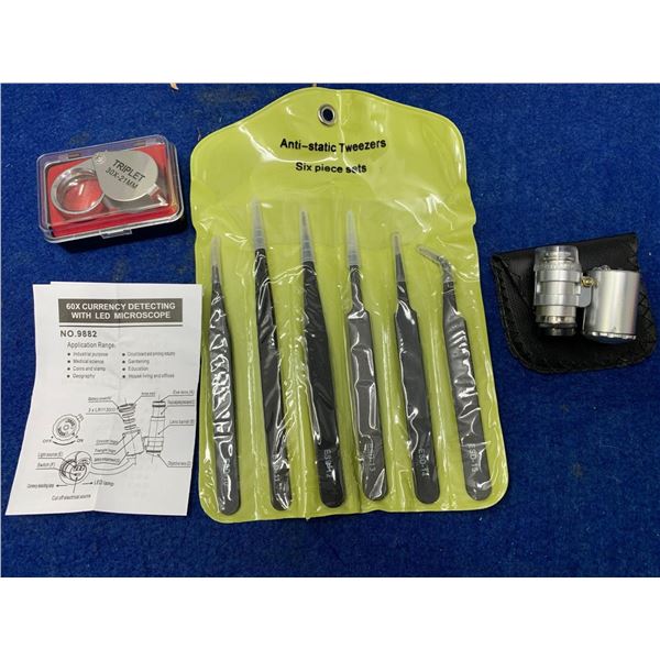Lot of Jewelers Supply Including: 6 PAIR STAINLESS STEEL ANTI-STATIC TWEEZERS, JEWELLERY/CURRENCY LO