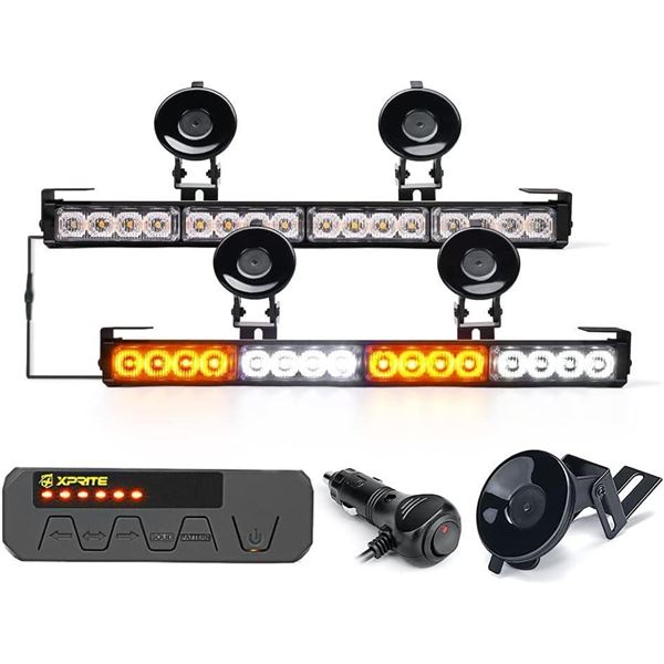 Xprite White Amber LED Emergency Traffic Advisor Strobe Dual Light Bar w/Control Box, Windshield Vis