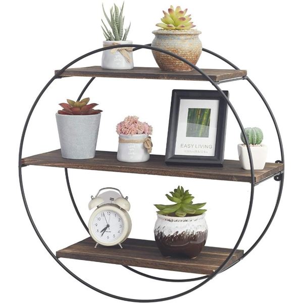 Circle Wall Shelf, Floating Shelves Wall Mounted Round Shelf Wood and Metal Wall Shelf 3 Tier Wall D