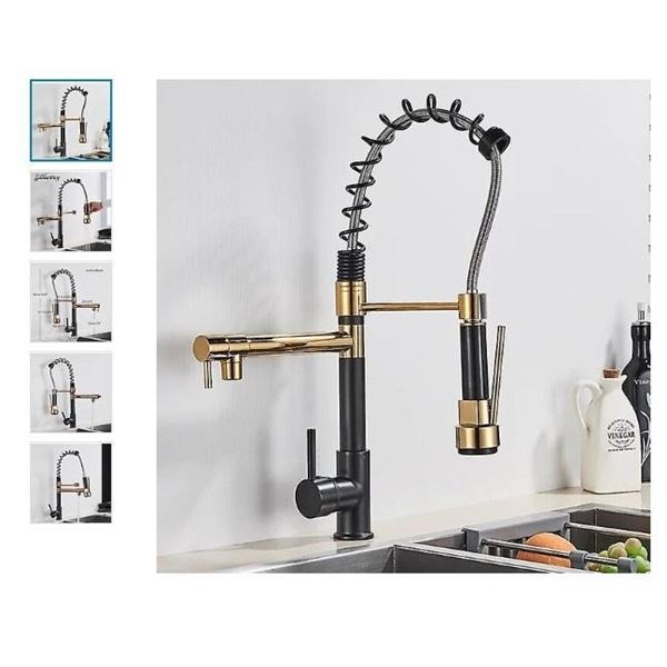 FA Pulley Luxury Black And Rose Gold Spring Pull Down Kitchen Faucet Hot And Cold Water Mixer With D