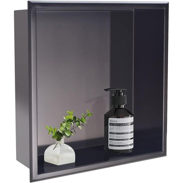DAYONE Dark Grey Shower Niche 12" X 12" NO Tile Needed, Square Stainless Steel Wall Soap Niche, Rece