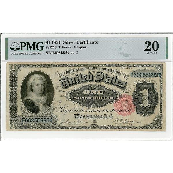 1891 $1 Silver Certificate Bank Note PMG 20 Very Fine