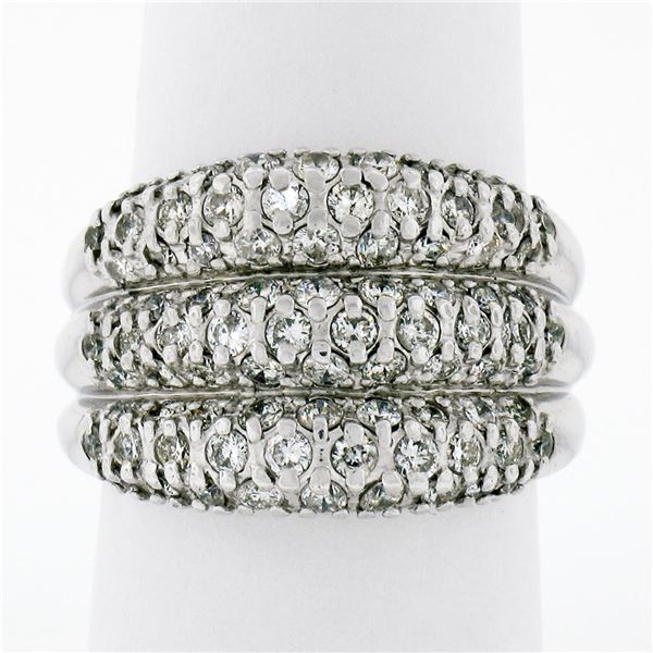 Vintage .900 Platinum 1.30 ctw Pave Diamond Wide Domed Triple Stacked Band Ring