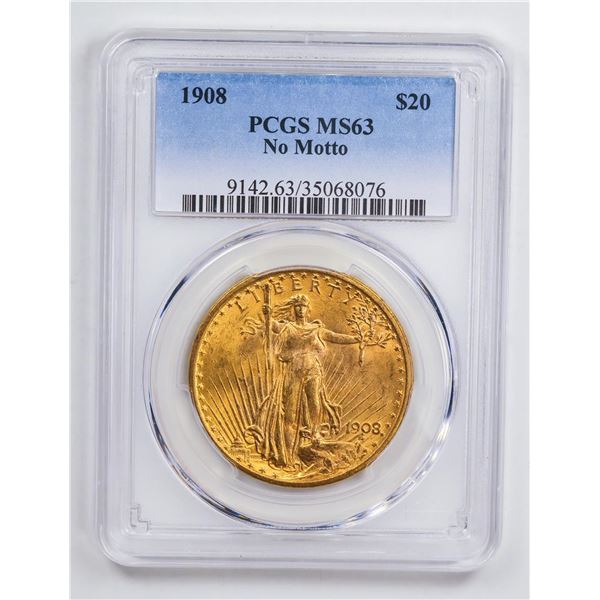 1908 $20 No Motto Double Eagle Gold Coin PCGS MS63