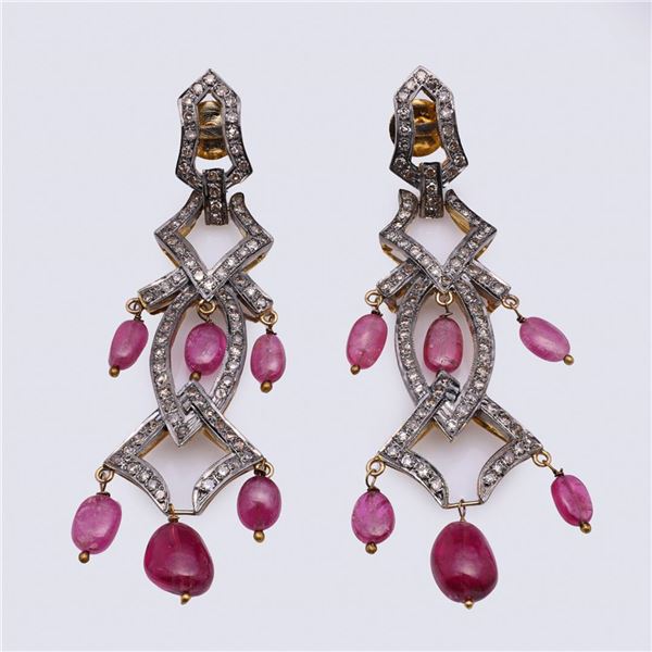 Pair of Mogul Style Silver Topped Gold Tourmaline & Diamond Earrings