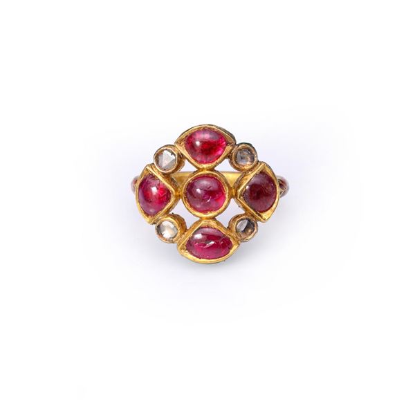 Antique Indian High Carat Gold Ruby & Diamond Ring